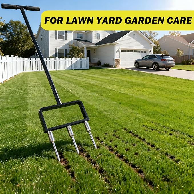 Lawn Aerator, Core Aerator Lawn Tool, Stainless Steel 3-Corer Lawn Hand Aeration – Manual Yard Plug Aerator for Compacted Garden Soil, Garden Care, Gardening Core Aeration Tool (Spike Tine)