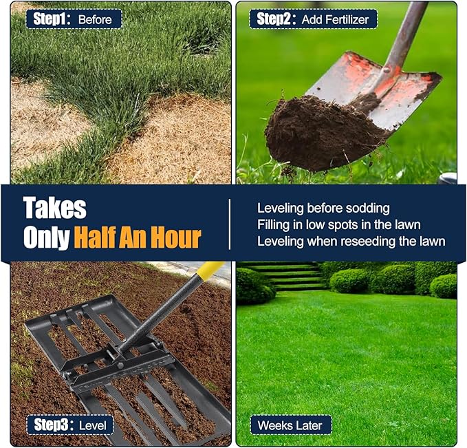 Professional Lawn Leveling Rake 30x10 Heavy Duty - Oversized Leveling Tool with 80" Stainless Steel Handle, Foldable Landscape Grading Rake for Soil Sand Topdressing & Seeding