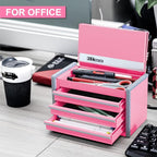 P.I.T. Mini Pink Tool Box, Portable 3 Drawer Steel Stackable Tool Box with Magnetic Tab Locking, Pink Micro Top Chest with Liner for Tools Storage and Organizers, Home DIY