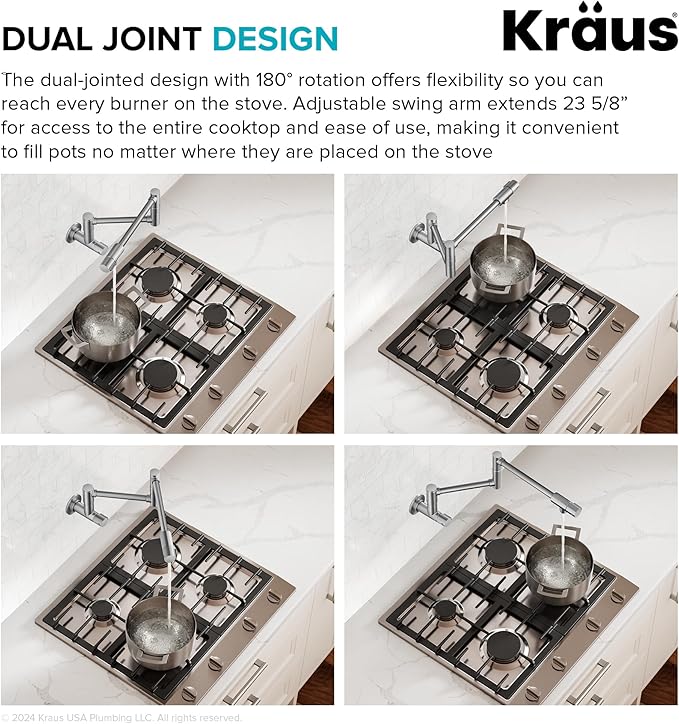 KRAUS Bolden 2 Handle Pot Filler Faucet with Retractable Arm, Wall Mount Kitchen Faucet, Pot Filler for Over Stove in Matte Black, KPF-5003MB