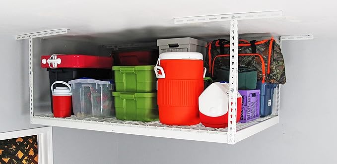 MonsterRax Overhead Garage Storage Racks 4x6 (2-Pack) Ceiling Mounted Shelving, Adjustable Hanging Storage Organizer, Heavy Duty Steel, Holds 500 Pounds, Color: White, Adjusts 12"-21” off Ceiling