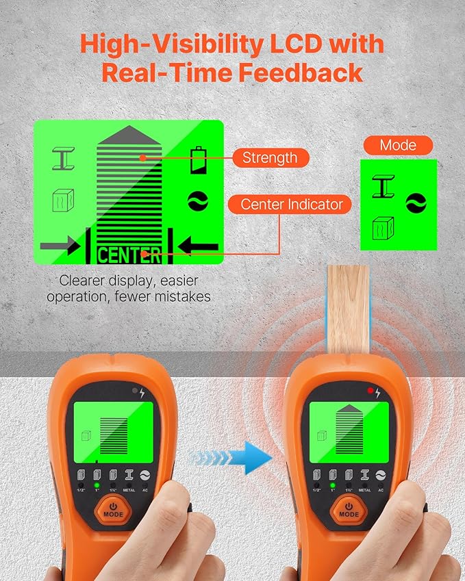 VEVOR Stud Finder Wall Scanner, 5 in 1, Electronic Wall Stud Detector with Smart Sensor, High-Definition LCD Display and Audio Alarm, for the Center and Edge of Metal, AC Wire, Joists, Pipes, Orange