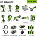 Greenworks 24V Brushless 10PC Power Tool Combo, Drill+Impact Driver+Circular Saw+Recip Saw+Jig Saw+Sander+Light+Multi-Tool+Nailer+Grinder (2) 4.0Ah+2.0Ah Batteries (24,000mAh Power Bank) USB-C Charger