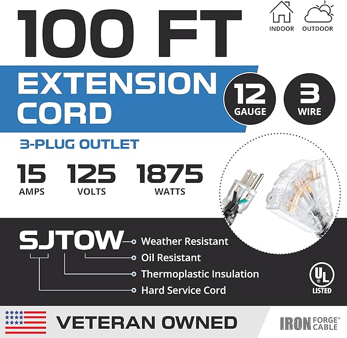 Iron Forge Cable 12 Gauge Extension Cord with Multiple Outlets - Black Heavy Duty Extension Cord 100 ft - 12/3 SJTOW, 3 Prong Lighted Outlet Cords