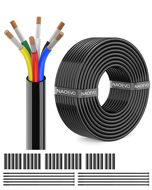 NAOEVO 14 Gauge Wire 6 Conductor Electrical Wire, 14 AWG Stranded PVC Cord, 12V Low Voltage/Tinned Copper/Flexible Cable for Automotive Wiring, Lamp Cord, Marine Cable (50FT)