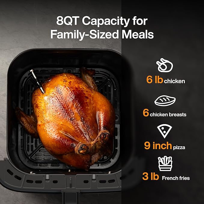 Typhur 8QT Sync Air Fryer with Built-in Wireless Meat Thermometer, 9-in-1 Smart Airfryer with Ceramic Nonstick Basket for Quick Easy Meals, 450°F Max, Cooks 6lb Whole Chicken, Dishwasher Safe, 120V