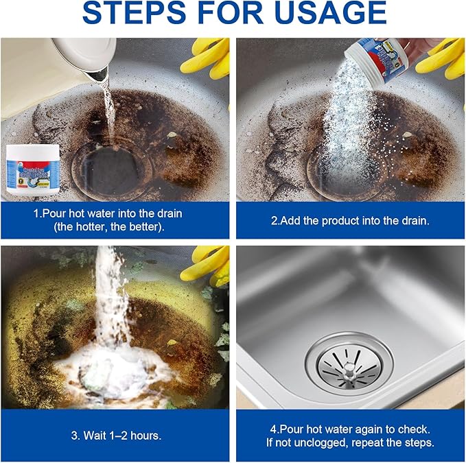 BELL BIRD Drain Opener,Powerful Unclogging,Crystal lye, Sodium hydroxide, Unclog drains, Bathroom sinks, Kitchen sinks, Shower pipes (2 PSC, Gram, 520)