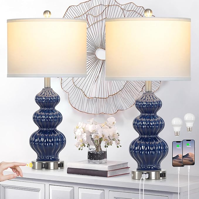 Triple Gourd Ceramic Table Lamps Set of 2, Modern Blue Bedside Lamps with USB A+C Ports & AC Outlet, 3 Way Touch Control Contemporary Nightstand Lamps for Bedroom Living Room