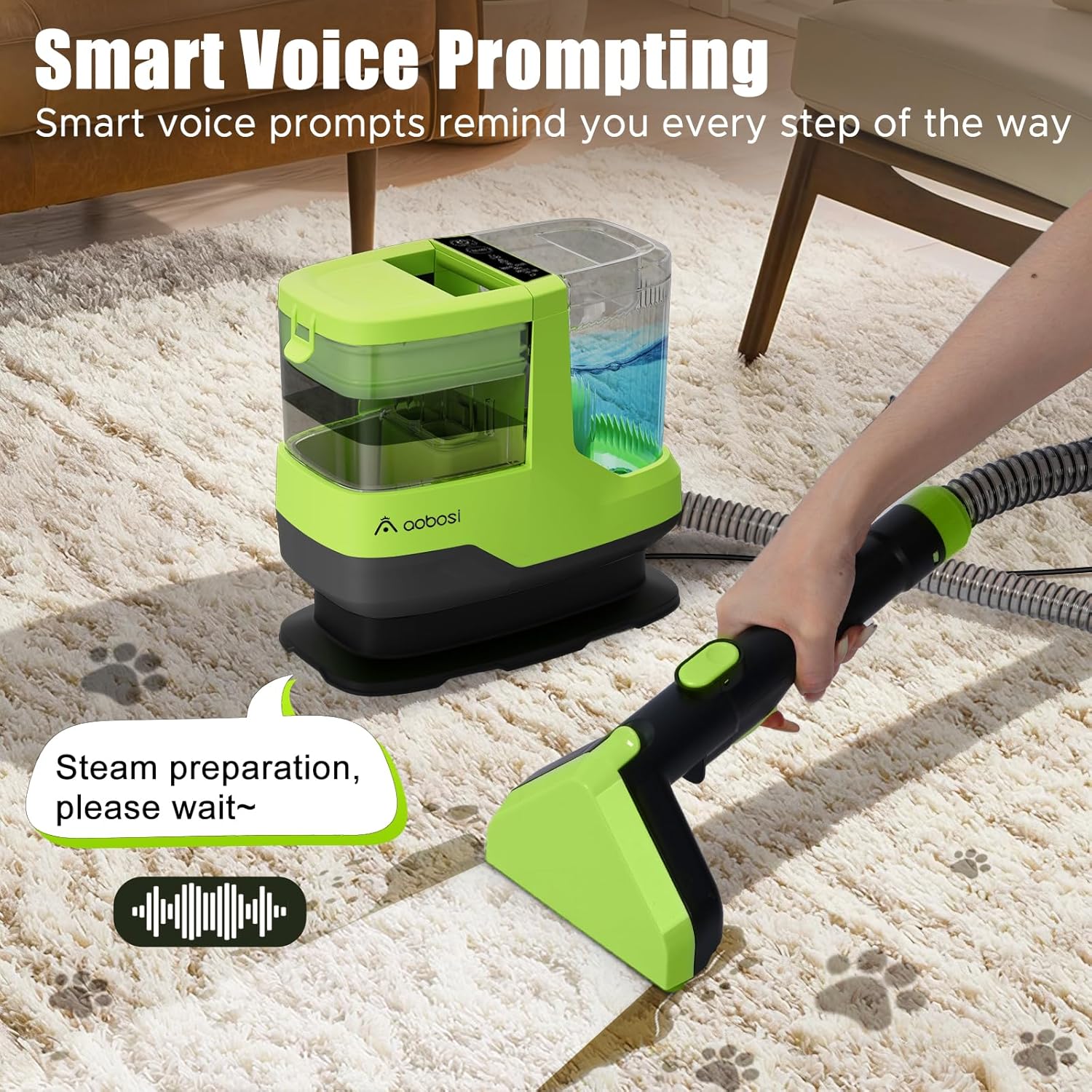 AAOBOSI Portable Carpet Cleaner Machine, 17Kpa Upholstery Steam Cleaner with Smart Voice Prompting, Self-cleaning, 4 Tools for Pets, Car, Couch and Stairs- C688, Green