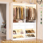 Unikito 25” W x 80'' H Closet Organizer Storage with Hanging Rod and 2 Wooden Drawer, Adjustable Angled Shoes Rack, Sturdy Garment Racks, Walk-in Closet Tower for Bedroom, Mudroom, and Entryway, White