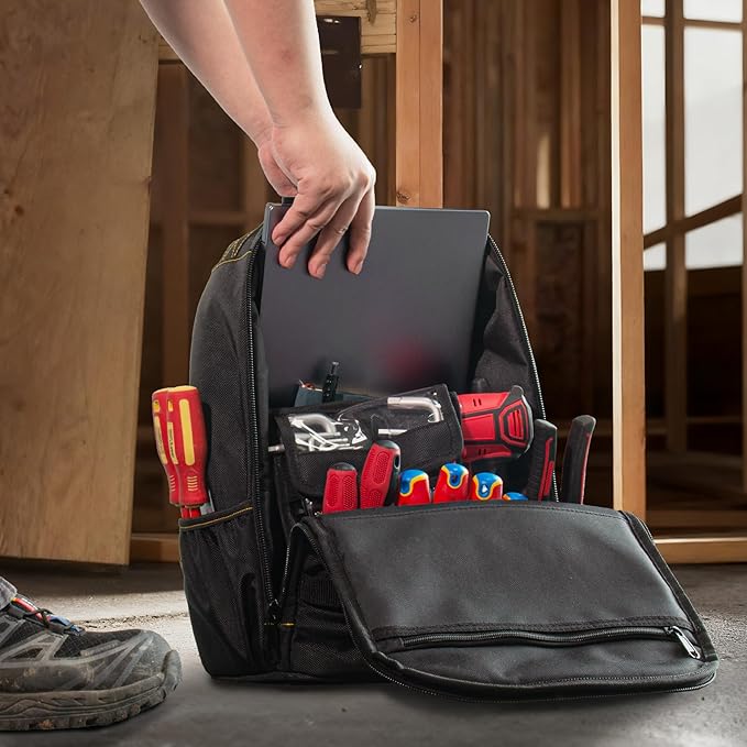 HAUTMEC Tool Backpack with Laptop Compartment, Heavy-Duty 1680D Oxford Tool Bag with Reinforced Base, 11 Pockets, Padded Straps, Portable Tool Organizer for Technicians, Contractors – HTTBM25058