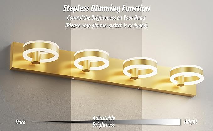 LED Bathroom Light Fixtures, 33inch Gold Vanity Lights, Modern 4 Light Acrylic Wall Sconces, 350° Rotatable Wall Lighting Fixture Over Mirror