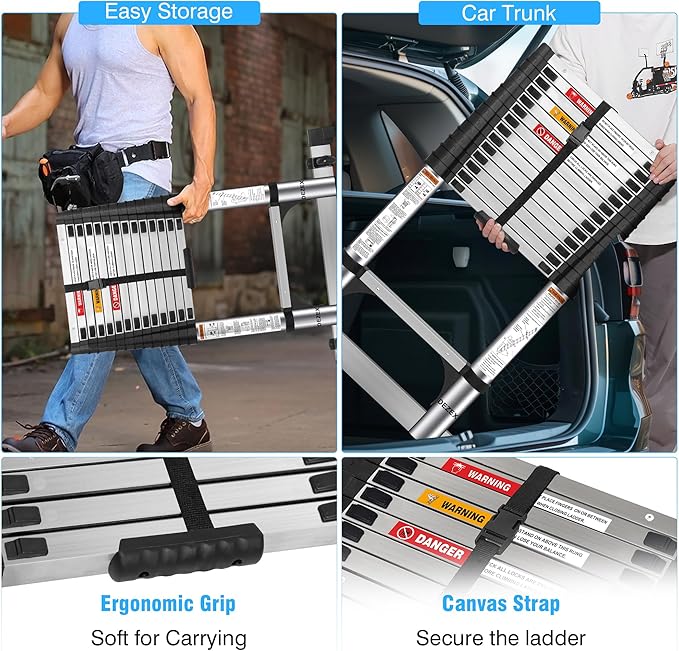 Telescoping Ladders 16.5 FT Stainless Steel Extension Ladders - Multi-Button Retraction Collapsible Ladder for Home,RV,Loft, Lasts 375 LBS with Balance Bar,2 Triangle Stabilizers and Wheels