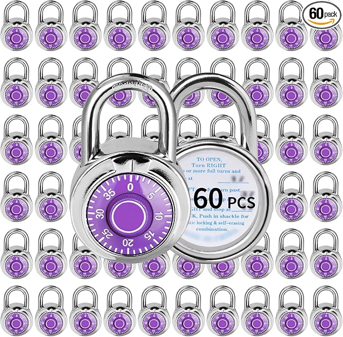 Combination Lock, LQYN Standard Dial Combination Lock, Pack of 60; Purple Turnplate, 2 in. Wide, Fixed Three Digital Combination, for School, Gym & Locker, Toolbox, Gate