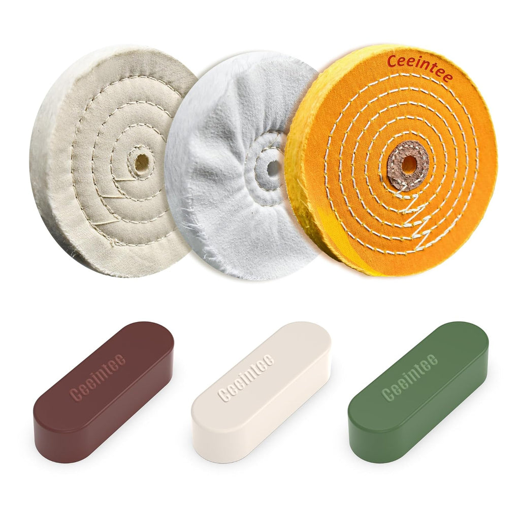 6 Pack 8 Inch Polishing Wheel for Bench Grinder, Include 5/8" Arbor Hole 1 Yellow Cotton(42Ply), 1 White Cotton Polish Wheels(50Ply), 1 Soft Flannel Buffing Wheel(30Ply)& 3 Polishing Compound