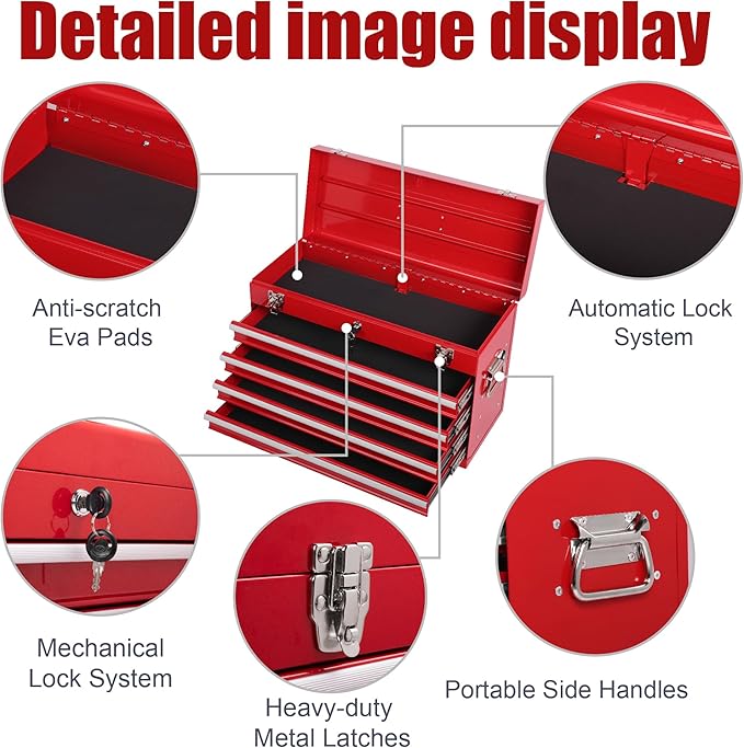 4 Drawers Metal Tool Box, 21" Portable Steel Tool Chest w/Key Lock & Latch Closure, Multi-Function Top Storage Tray Toolbox w/Powder Coating & Ball Bearing Slides for Garage & Workshop (Red)