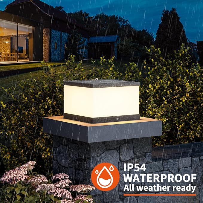 Solar Post Lights Outdoor, 9.8'' Pillar Cap Lights IP54 Waterproof, 3000K LED Column Light Modern Dusk to Dawn Lamp, Fence Lantern Posts Outdoor Lighting Lamps Fixture for Garden Pathway Driveway