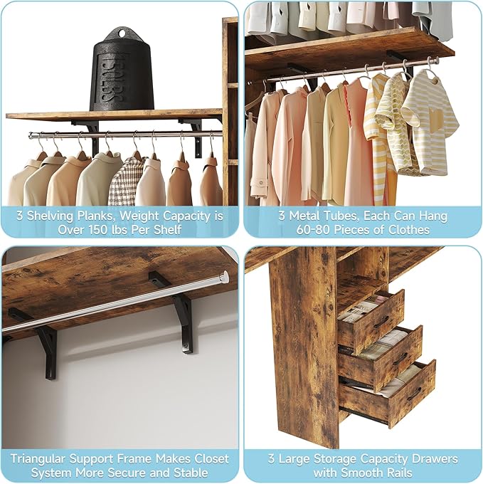 8FT Closet System, 96'' Closet Organizer System with 3 Hanging Rods, Wall Mount Bedroom Wardrobe with 3 Drawers Walk-in Closet, Adjustable Cloth Garment Rack from 5 to 8FT (Cut to Fit), Rustic Brown