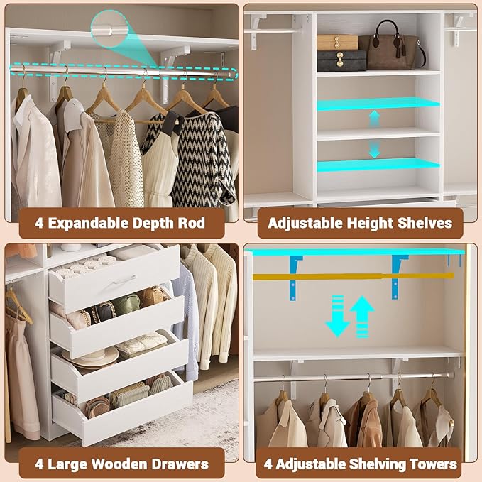 Aheaplus Closet System with 4 Drawers, 8FT Wood Closet Organizer System, 96’’ Closets Built In System Tower with Shelves, Walk-in Closets Wardrobe Clothes Garment Rack, Fits Spaces 4-9 ft, White