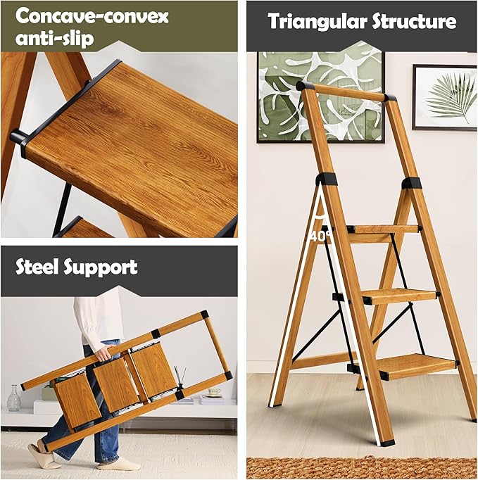 Taranta 3 Step Ladder, Portable Folding Ladder with Wide Pedal, Lightweight Aluminum Step Stool with Convenient Handgrip, 330 lbs Capacity Stepladder for Home, Office - Woodgrain