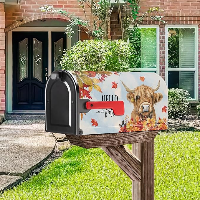 Fall Highland Cow Mailbox Cover Magnetic Standard Size 21x18 Inch Autumn Decorative Post Letter Box Wrap Decor Garden Yard Decoration