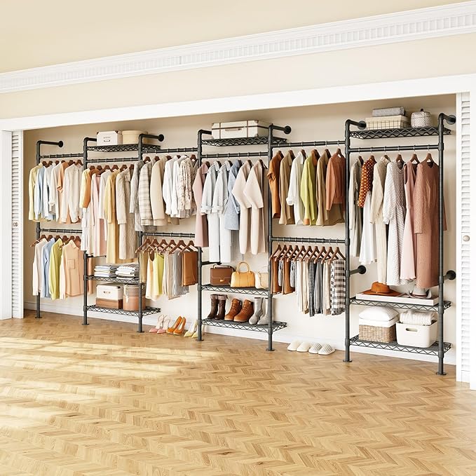 H6 Wall Mounted Closet System, Industrial Pipe Clothes Rack Clothing Racks with 6 Telescopic Rods & 3 Fixing Rods & 9 Shelves, Heavy Duty Closet Organizers and Storage in Wardrobe Closet (Black)