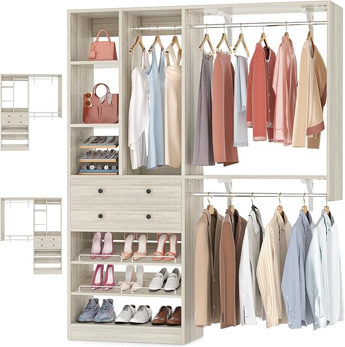 Closet System - 5FT Small Closet System with Drawers, 60" Closet Organizer System with Reversible Hanging Shelving, Closet Systems for Small/Walk-in Closets, Greige Oak