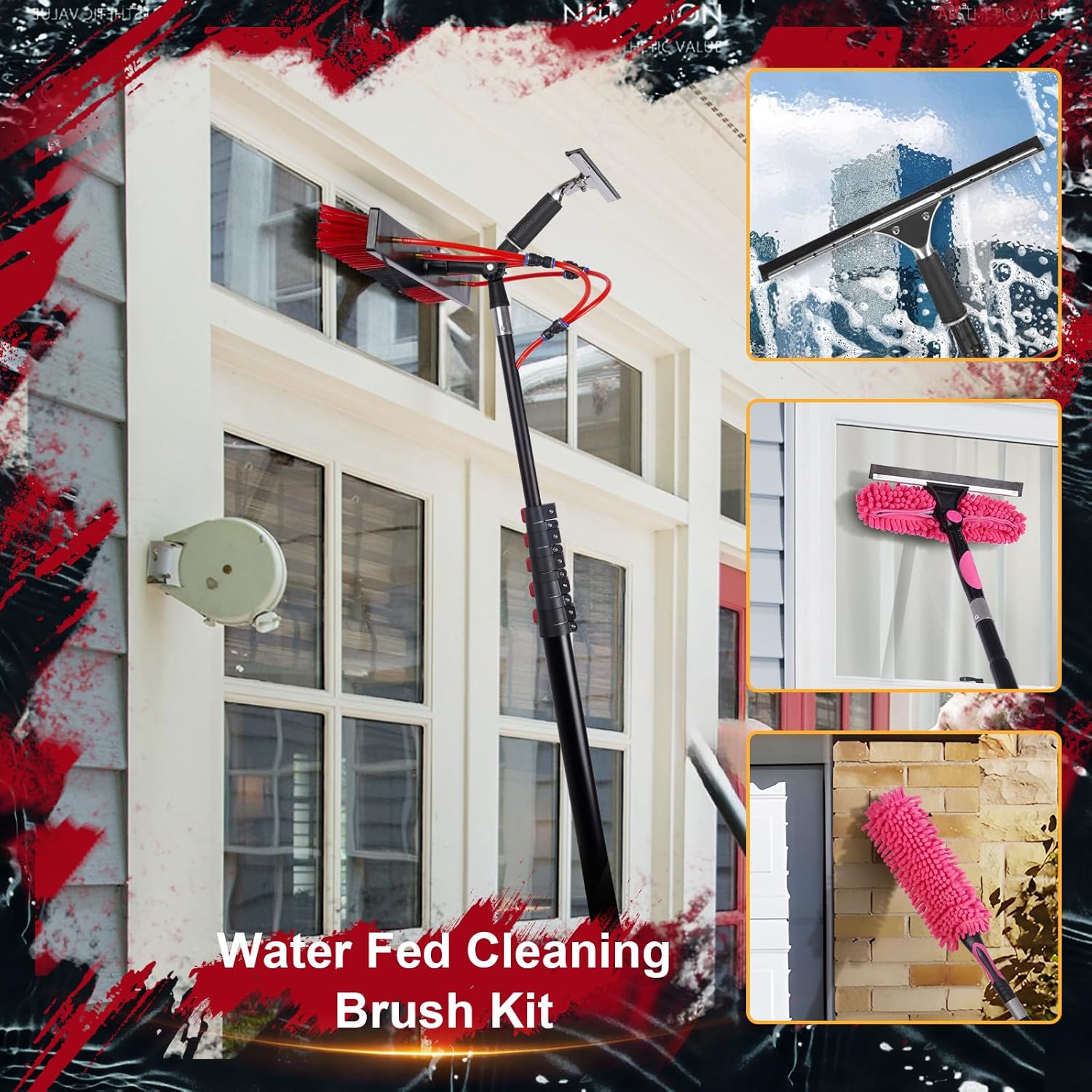 24FT Solar Panel Cleaning Brush & Squeegee Kit, Proffesional Window Washing Tool, 22in Wide Brush & 2 Dusting Brush, Water Fed Pole, Extendable Telescopic Pole for Roof Mounted Solar Panels