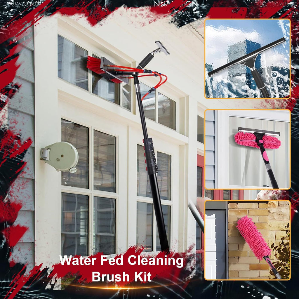 18FT Solar Panel Cleaning Brush & Squeegee Kit, Proffesional Window Washing Tool, 22in Wide Brush & 2 Dusting Brush, Water Fed Pole, Extendable Telescopic Pole for Roof Mounted Solar Panels