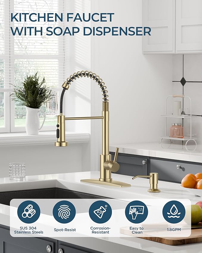 FORIOUS Kitchen Faucet with Soap Dispenser, Gold Stainless Steel Single Handle Modern Spring Commercial Sink Faucet with Pull Down Sprayer for Laundry & Utility Room RV Camp Bar Farmhouse