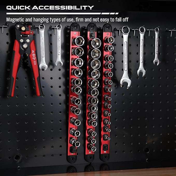 Magnetic Socket Holder Organizer Set: 1/4 Detachable Socket Trays Socket Organizer for Tool Box Drawer Holds 14-Piece Standard Size Sockets for Automotive Garage(Red)
