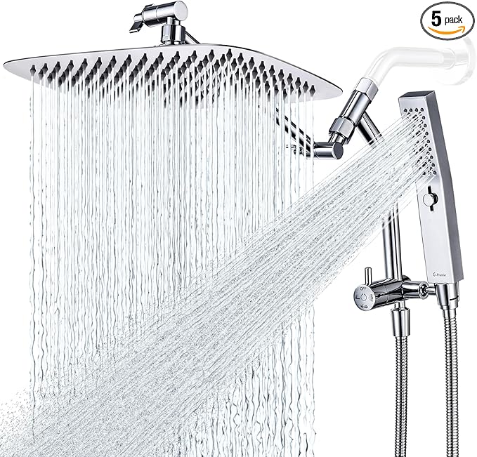 G-Promise All Metal 12 Inch Shower Head with Massage Mode Handheld, Rain Shower Head with Handheld Spray Combo, 3-Way Diverter with Pause Setting, 11 Inch Adjustable Extension Arm (Chrome)