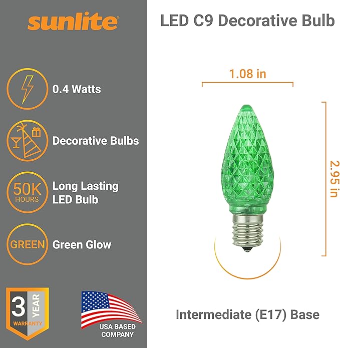 Sunlite 80706 LED C9, Holiday Decorative Light Bulb, 0.4 Watts, E17 Intermediate Base, Faceted Christmas-Lights; Nightlight, Green, 6 Count