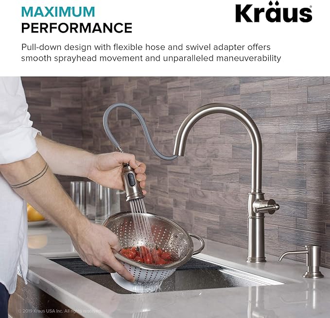 KRAUS Sellette Traditional Spot Free Stainless Steel Single Handle Pull-Down Kitchen Faucet with Deck Plate and Soap Dispenser, KPF-1682SFS-KSD-80SFS