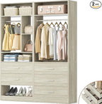 4FT Closet Systems with 5 Wood Drawers, 48 Inch Closet Organizer System with 2 Hanging Rods & 7 Shelves, 48" Walk-in Closet, White Oak (48"L x 15" W x 80" H)