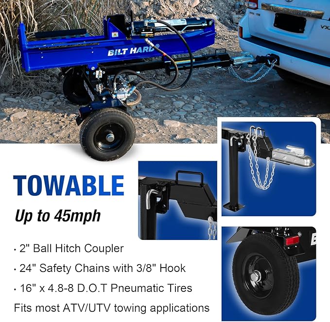 BILT HARD 35-Ton Horizontal/Vertical Gas Powered Hydraulic Full Beam Log Splitter with 301cc OHV Engine, 2" Ball Coupler, 16" DOT Tires, 2 Stage Gear Pump, Firewood Splitting Wood Machine, Auto Return