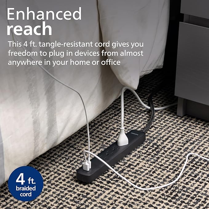 Philips 4-Outlet Surge Protector, 4ft Braided Cord, 1-USB-C, 1-USB-A, Extension Cord, Power Strip, for Home, School, or Office, 15W, 450J, Black, SPP3393B/37