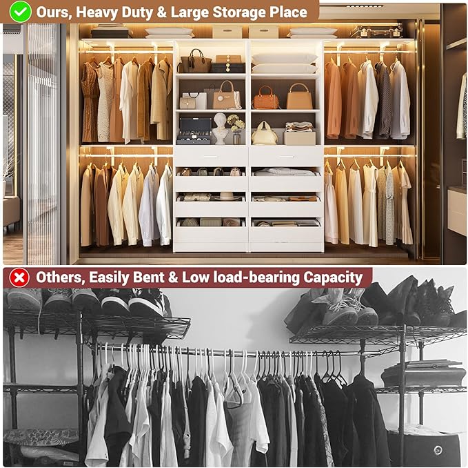 Aheaplus Closet System with 8 Wooden Drawers, Wood Closet Organizer System with Tower, Walk-in Closet Organizer Wardrobe Clothes Rack with 4 Hanging Rods, Garment Rack, Cut to Fit 7-12Ft, White