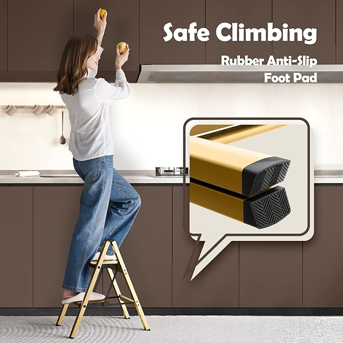 Taranta 2 Step Ladder,Aluminum Lightweight Folding 2 Step Stool with Anti-Slip Wide Pedal,330lbs Capacity Step Ladder for Household,Kitchen,Office - Gold