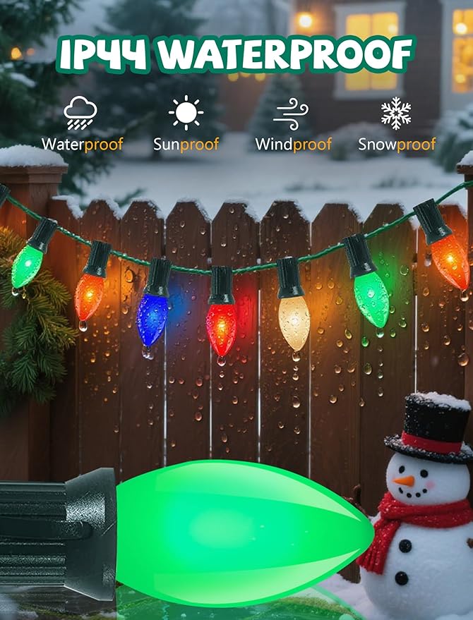 25 Pack C9 Christmas Replacement Bulbs, 7W Ceramic Multicolor Incandescent Night Light Bulbs for Outdoor String Lights, Multicolor Christmas Bulbs for Porch, Patio, Garden, Holiday Decor, E17 Base