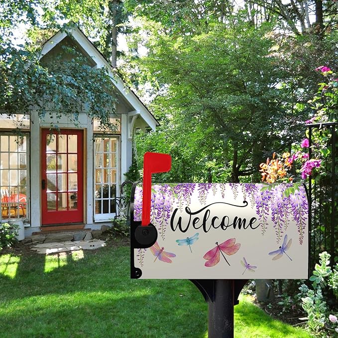 Violet Spring Floral Welcome Mailbox Covers Magnetic Oversized Purple Flowers Dragonflies Mailbox Cover Summer Post Box Cover Wraps Large Size 25.5 X 21 Inch for Home Yard Decorations