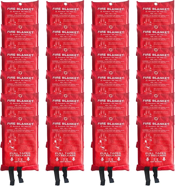 24 Packs Fire Blanket – 39.37x39.37 Inches, 1100℉ Heat Resistant, Emergency Fire Suppression Blanket for Kitchen, Home, Car, Camping – Easy to Use, Non-Toxic, Reusable, Compact & Lightweight
