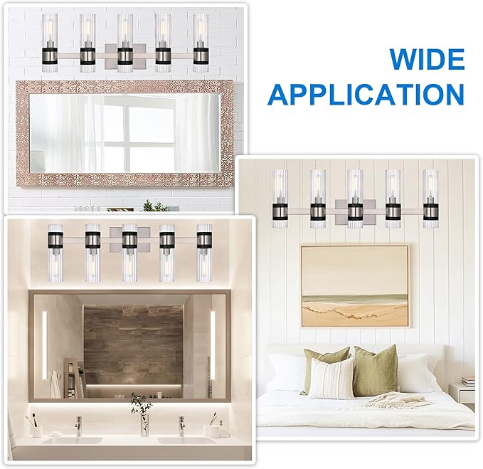 MELUCEE 5-Light Vanity Bathroom Lights, Modern Brushed Nickel Bathroom Light Fixtures Over Mirror with Ribbed Clear Glass Shade, Wall Mount Lamp for Bath Kitchen Bedroom Hallway, E12 Base