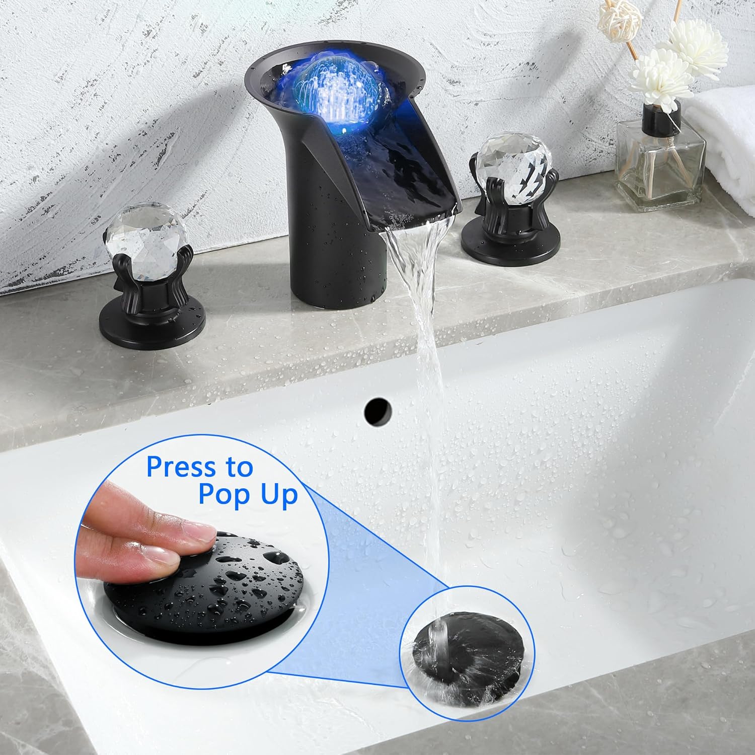 Bathroom Vessel Sink Drain Push Button Vanity Drain Lavatory Sink Drain Assembly Pop Up Sink Stopper with Overflow, Matte Black