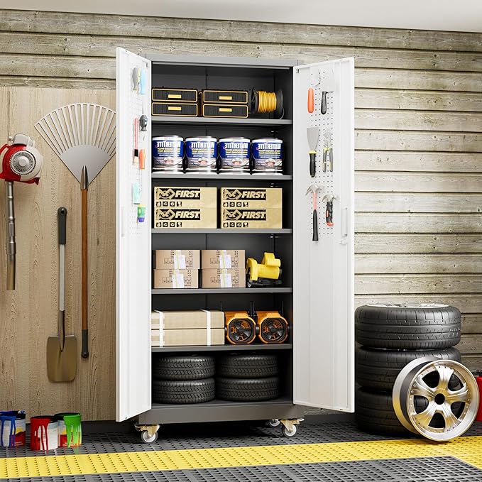 71" H×32" W×16" D Garage Storage Cabinet with Wheels & Pegboard, Locking Metal Storage Cabinet with Doors and 5 Adjustable Shelves & 4 Hooks for Garage Warehouse Home Office, White and Gray