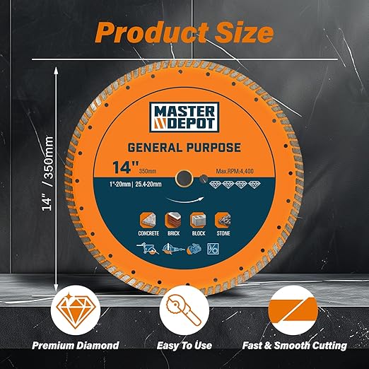 14 Inch Diamond Cutting Blade, Turbo Rim for Angle Grinder Circular Saw Cutter Wheel Dry Wet for Masonry/Concrete/Brick/Stone, 1"-20mm Arbor