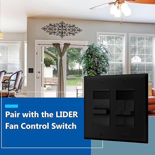 LIDER Combination Dual Dimmer Light Switch Control, 2 Sliding Light Controls, Single Pole, 400W CFL/LED, 600W Incandescent/Halogen, UL Listed, Wall Plate Included, Black, 2 Pcak