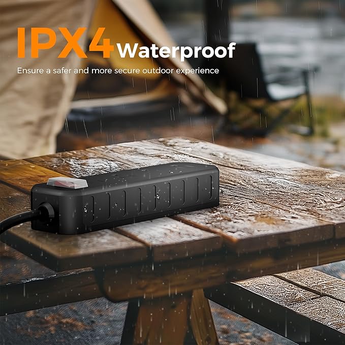 Outdoor Power Strip Weatherproof, 50 FT Extension Cord, Diivoo Waterproof Surge Protector with 4 Outlets, 1250W Shockproof Overload Protection, Flat Plug, Wall Mountable, Black