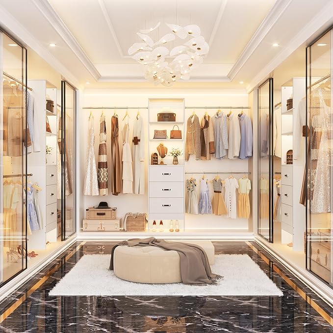 96'' Closet Organizer System with 3 Hanging Rods (Without 3 Storage Shelves), 8FT Closet Systems, Wall Mount Bedroom Wardrobe with 3 Wood Drawers, Adjustable Garment Rack from 5 to 8FT, White