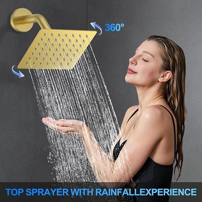 Shower Faucet Set, 12" Wall Mount Rainfall Shower System with 2 Rain Shower Head and Multi-function Handheld Head Push Button Diverter Shower Faucet Trim Kit, Brushed Gold
